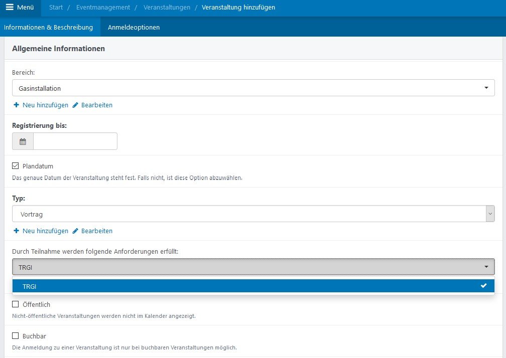 Screenshot zur Zuordnung von Anforderungen zu Veranstaltungen