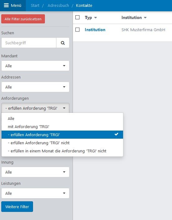 Screenshot zur Filterung von Anforderungen